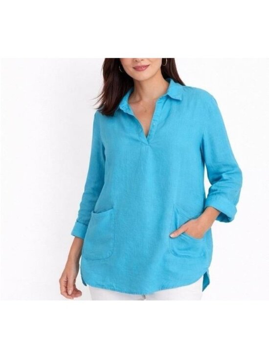 For Cynthia Tops - For Cynthia Top Womens 2X Teal Blue Tunic Linen Pockets Beachy Lagenlook Boho
